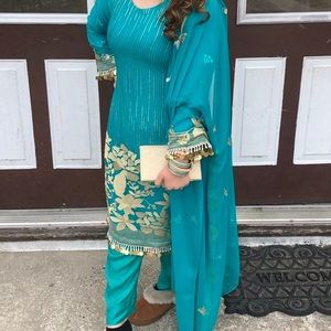 Blue Pakistani suit with gold coin detailing